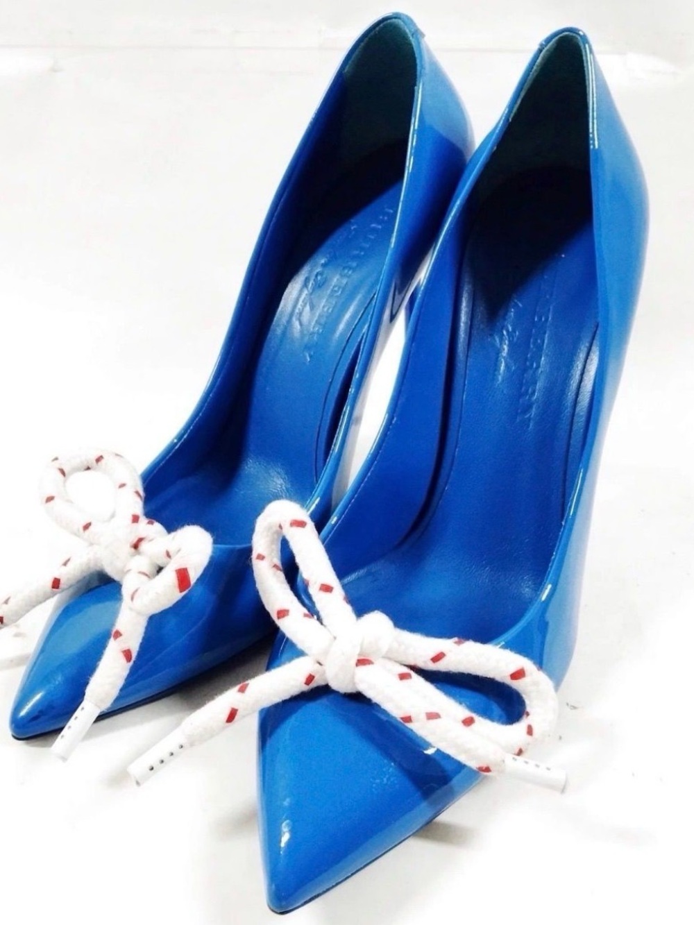 Burberry Bright Blue Patent Pointed-Toe Pumps with White Rope Bow